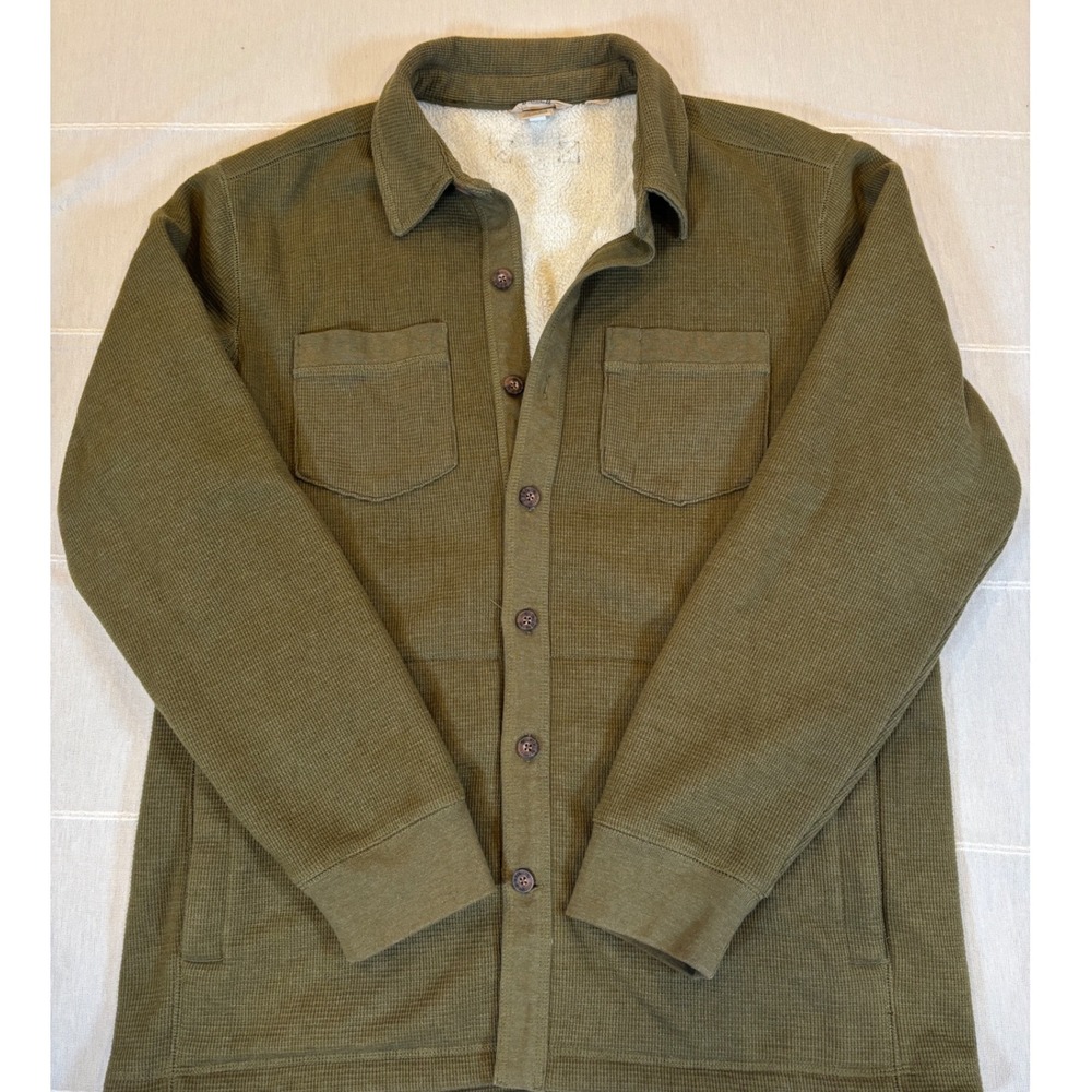 Duluth Trading Co Waffle Knit Shirt Jacket Olive Green Faux Fur Lined Mens L